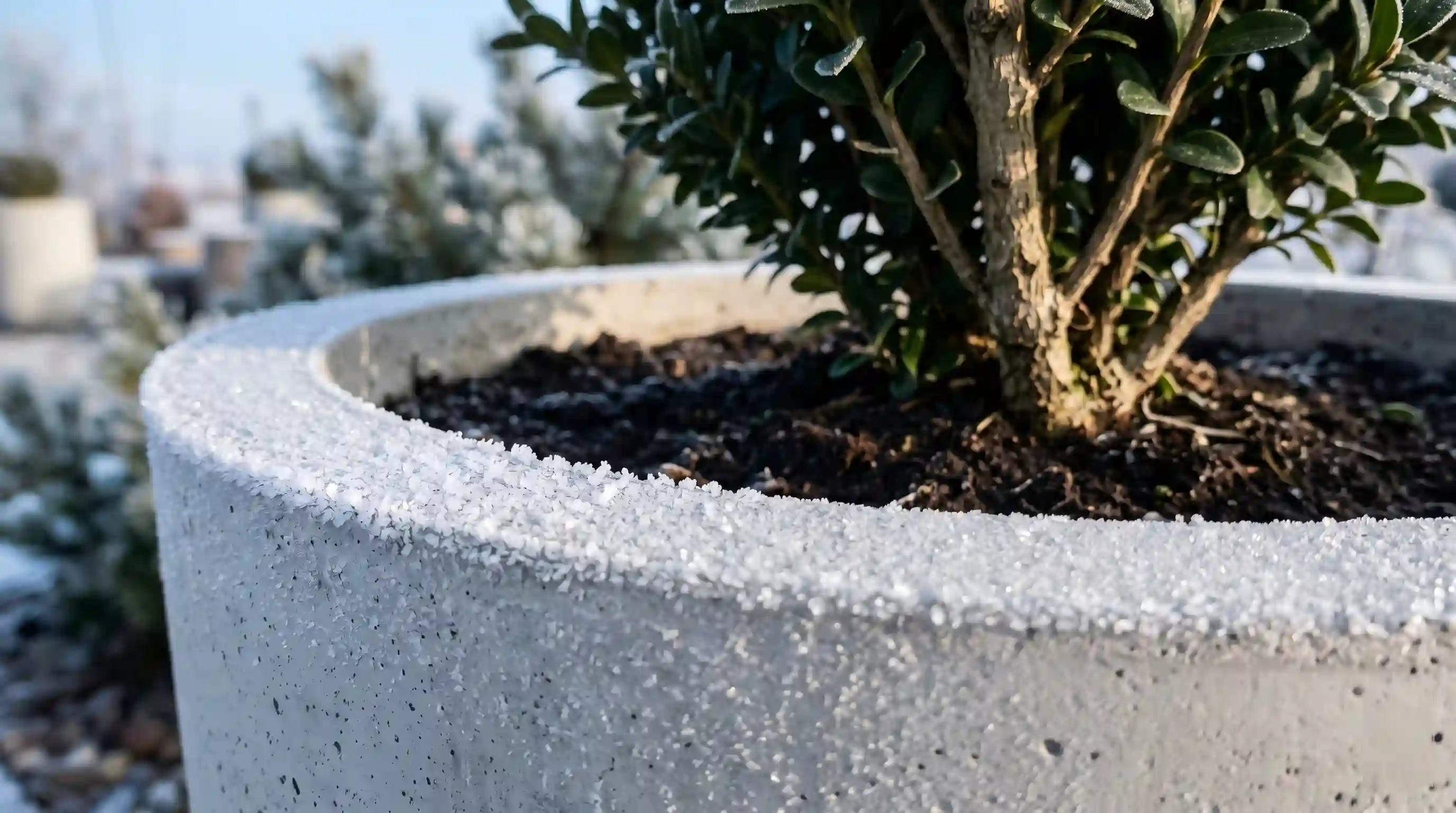 Detail of a commercial GRC planter specified for a cold outdoor environment